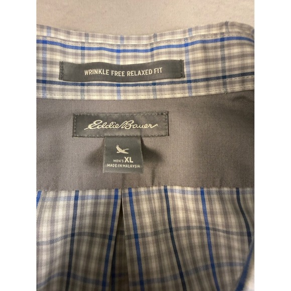 Eddie Bauer Mens XL Blue Grey Plaid Wrinkle Free Relaxed Fit Button Down Shirt - Picture 6 of 8